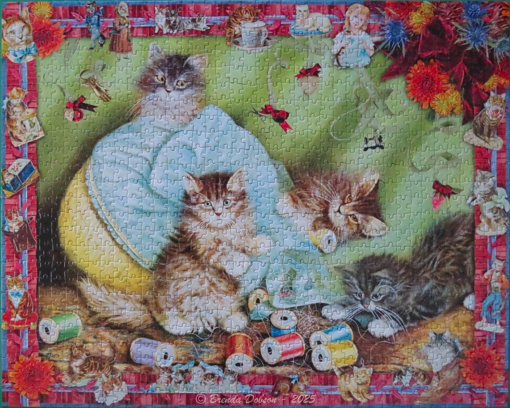 A whimsical illustration of several fluffy kittens playing with sewing supplies against a green and red background.
