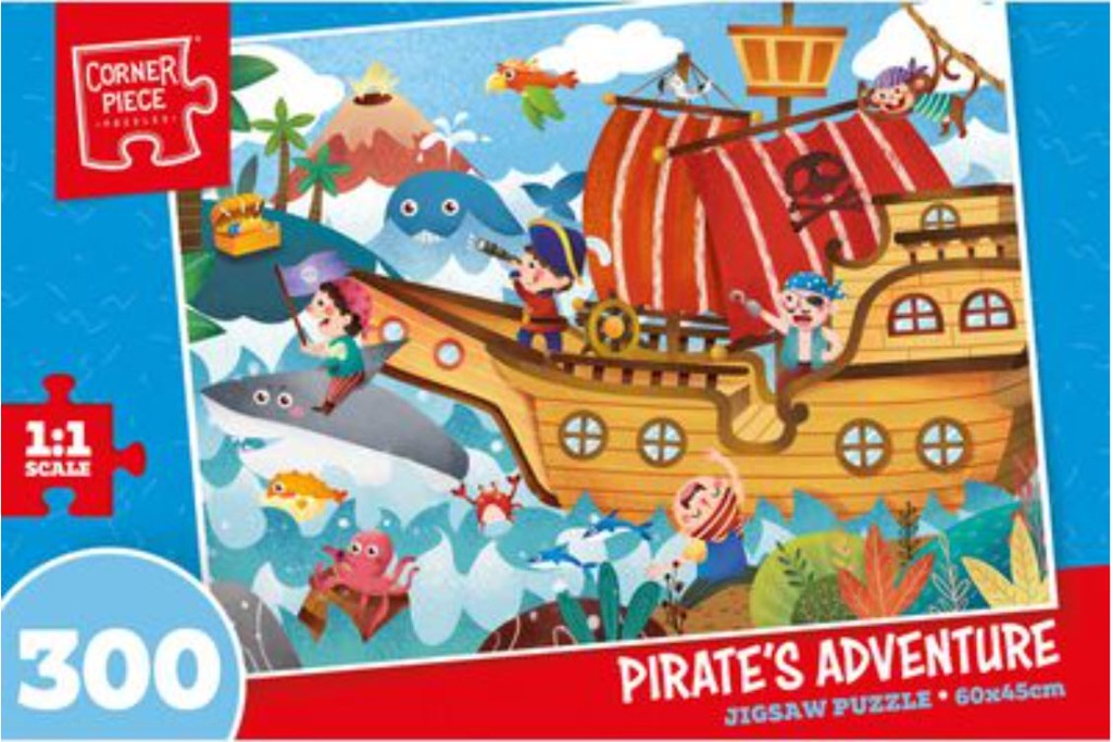 Cartoon illustration of a pirate ship sailing in tropical waters filled with friendly sea creatures.