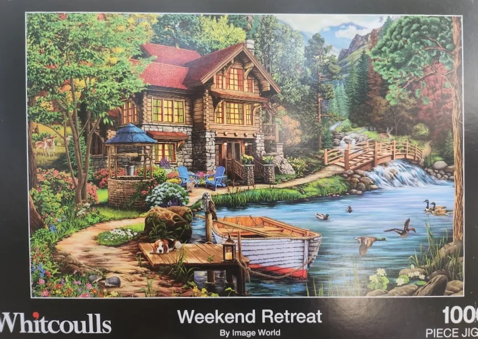 A cozy log cabin nestled by a stream with a boat, a dog on a dock, and wildlife in a lush forest setting.