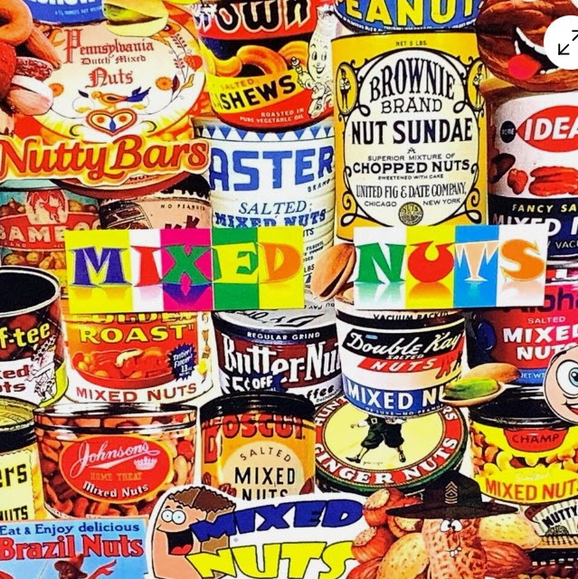 A collage of vintage nut product cans with retro typography and colorful labels.