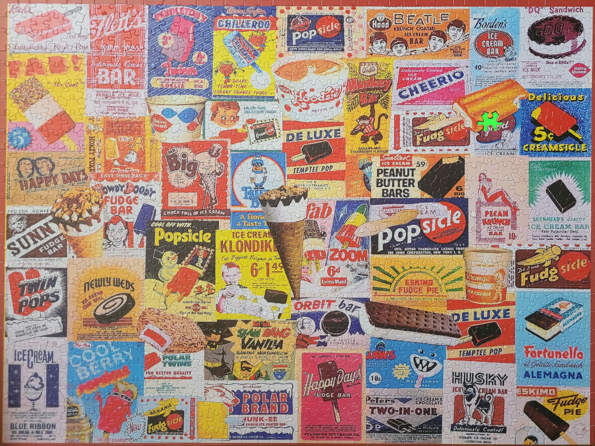 A collage of vintage ice cream treat advertisements and wrappers featuring various frozen snacks.