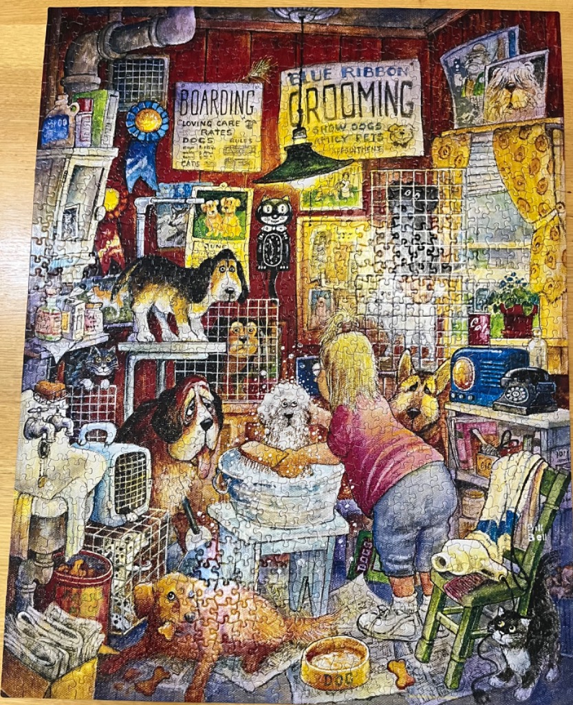 Illustration of a busy pet grooming shop filled with dogs and cats