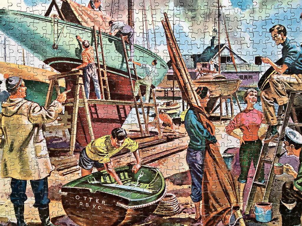 An illustration of people working on sailboats in a shipyard, mid-century style