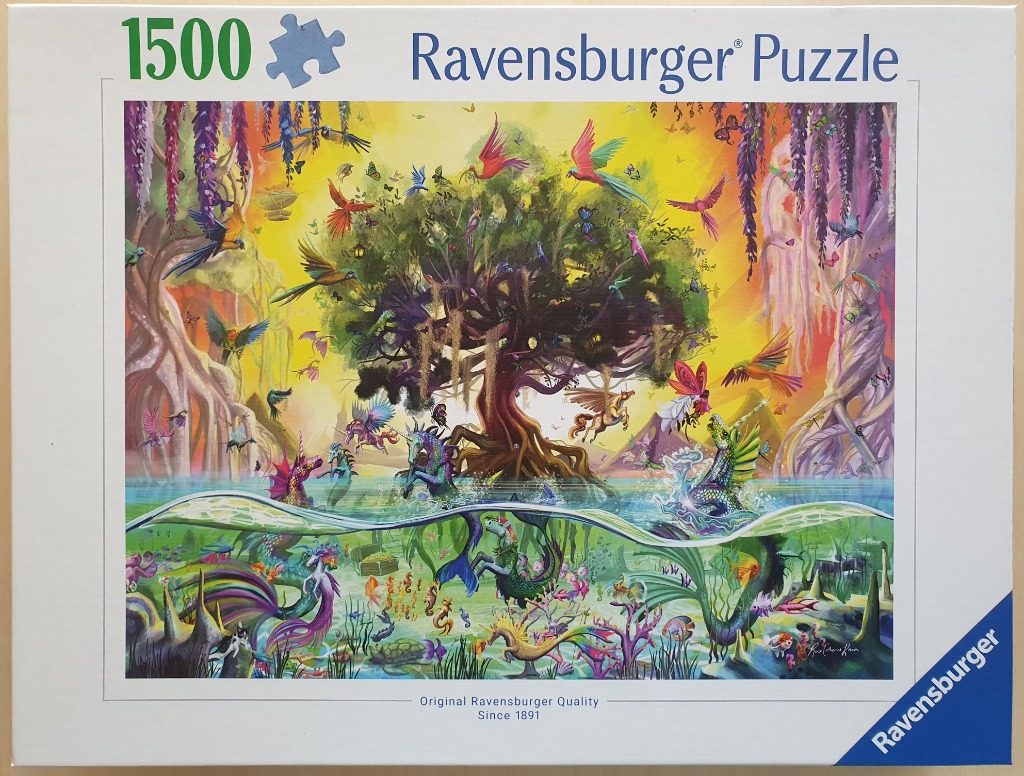 Fantasy illustration of unicorns, mer-unicorns, and tropical birds around a magical tree at sunset.