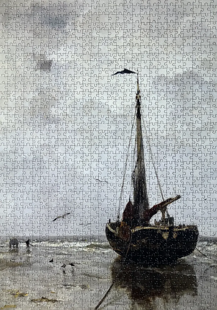 An oil painting of a lone dark fishing boat beached on a shallow, misty shoreline under a vast grey sky.