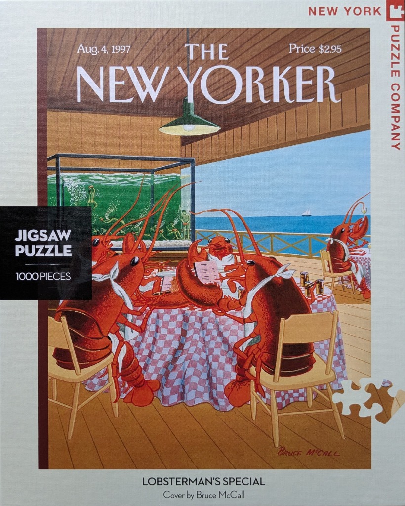 Illustration of lobsters dining at a seaside restaurant, cover art for The New Yorker magazine.
