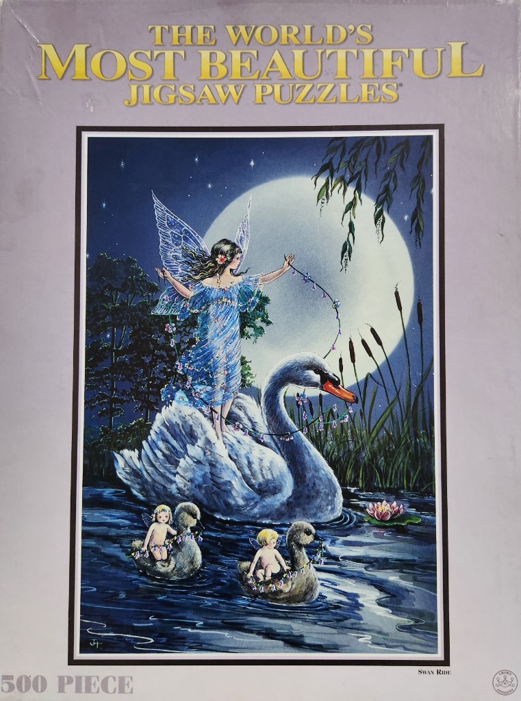 A fairy standing on a large white swan with two smaller baby swans and fairy children in a moonlit pond.