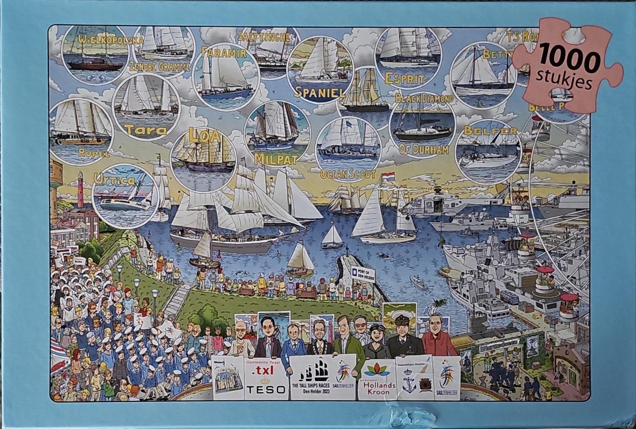 Cartoon illustration of The Tall Ships Races with various sailing vessels and crowds at a harbor.