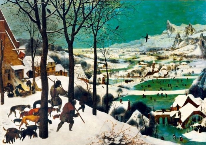 Hunters return through a snowy village scene with ice skaters in the background.