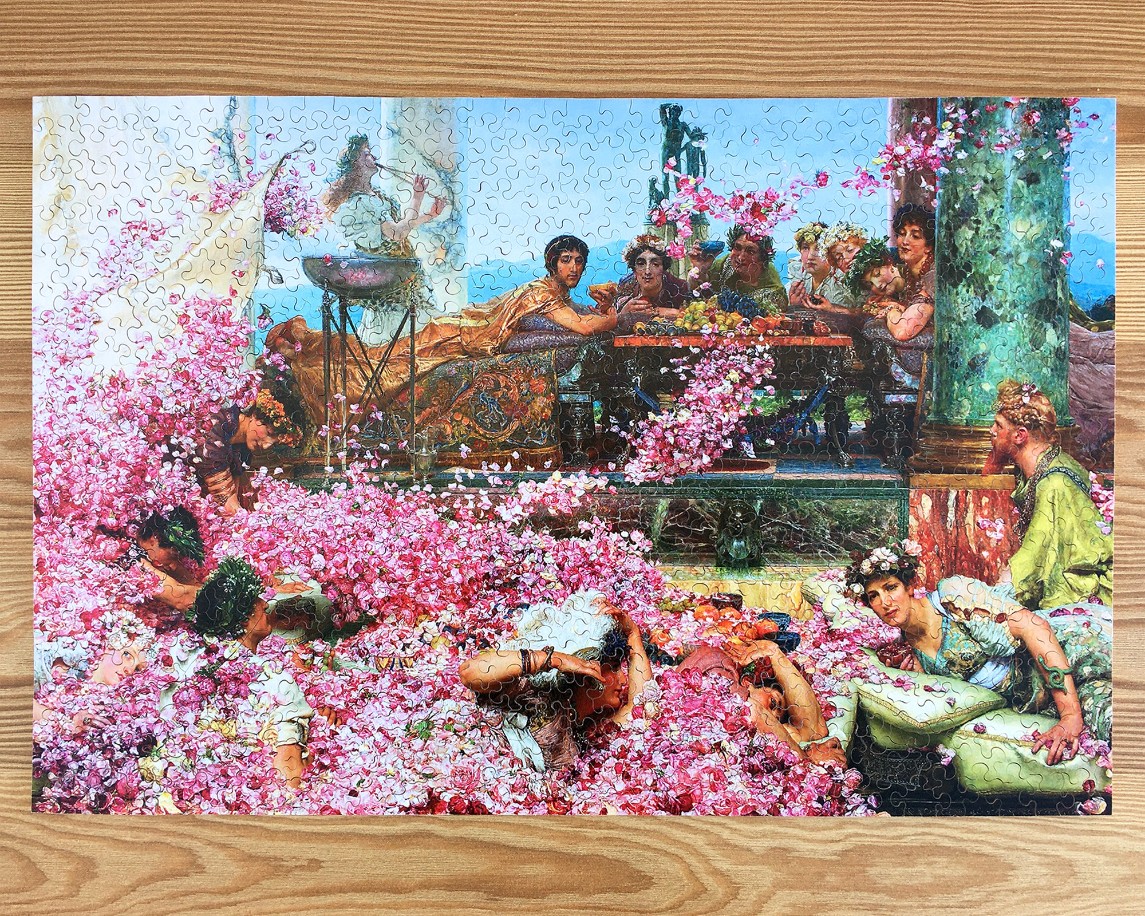 A classical oil painting depicting a Roman banquet being buried under a massive deluge of pink rose petals.