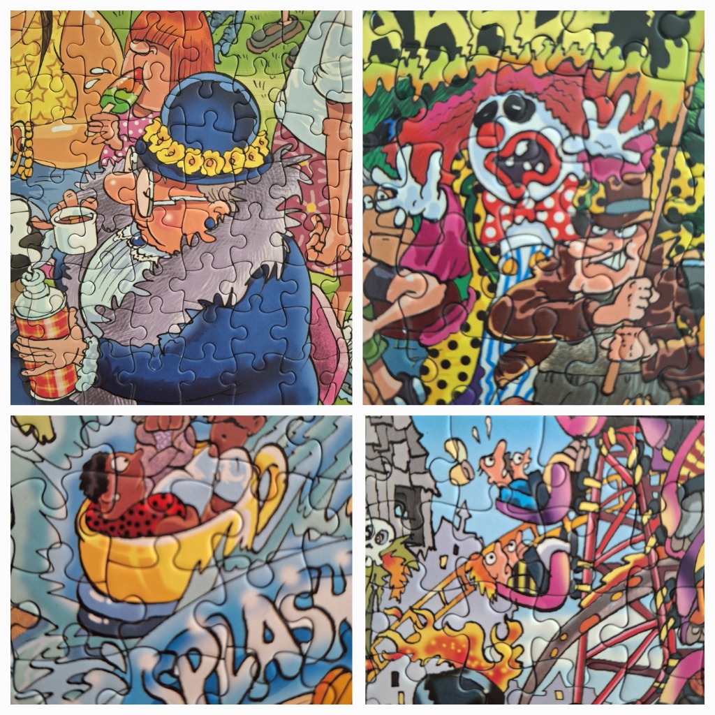 Cartoon collage: old woman, scary clown, teacup ride, roller coaster. Vibrant colors.