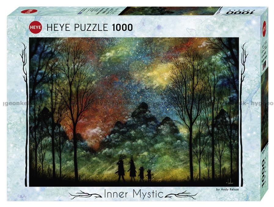 A whimsical illustration of four silhouetted figures walking through a forest under a vibrant, cosmic night sky.