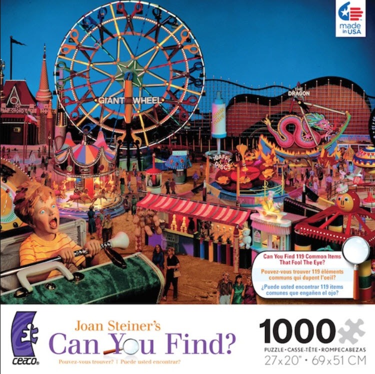 Surreal amusement park scene with objects hidden in the architecture and rides.