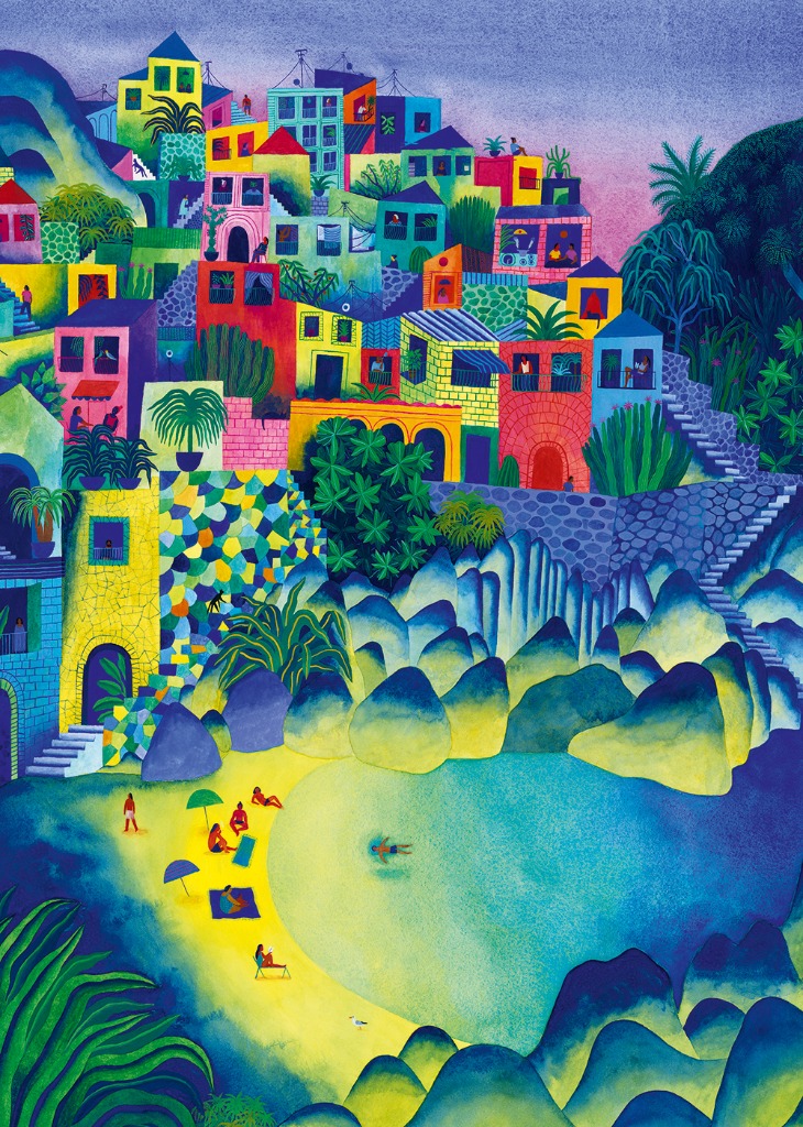 A whimsical, colorful illustration of a vibrant hillside town overlooking a secluded sandy beach and blue bay.