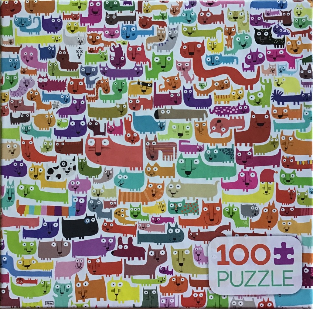 A dense, colorful pattern of cartoon cats in various sizes, shapes, and poses.