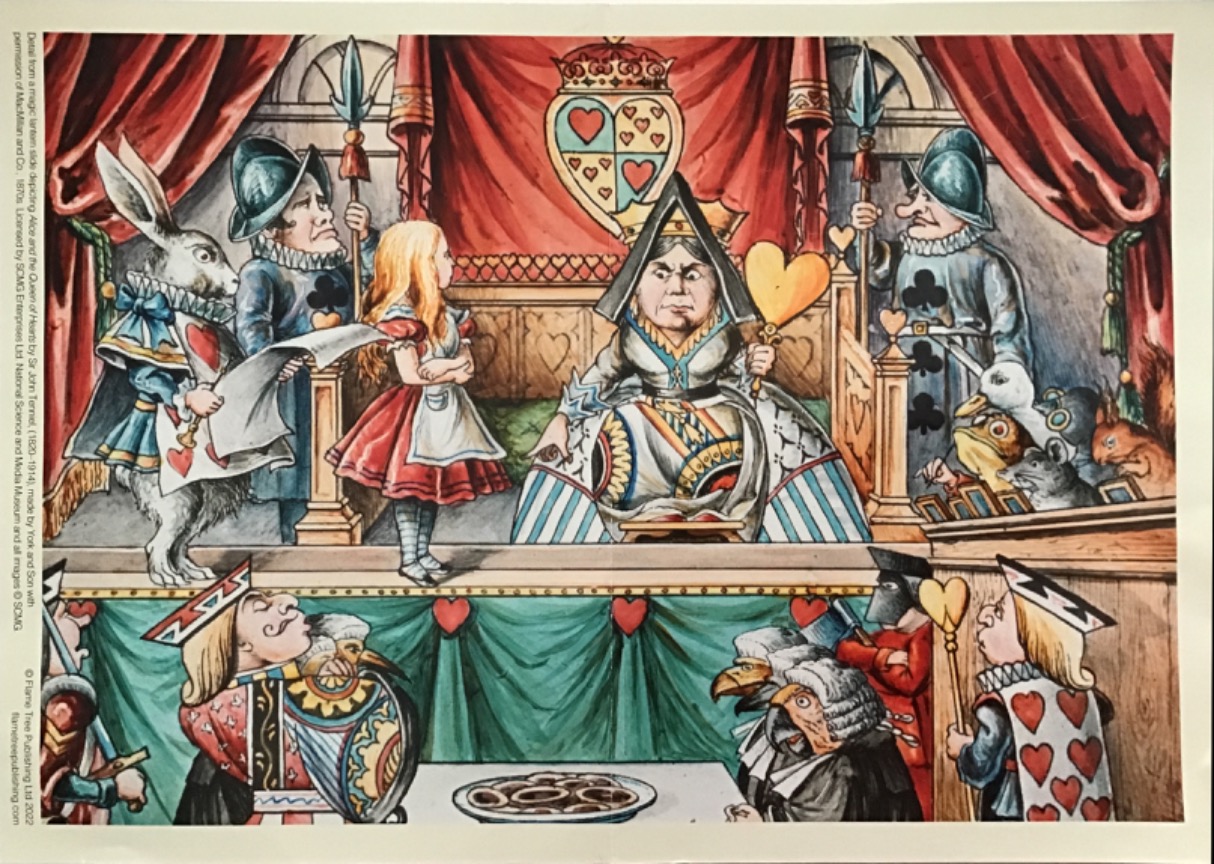 An illustration of Alice standing before the Queen of Hearts in a courtroom filled with anthropomorphic card characters.