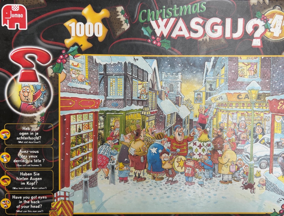A humorous cartoon scene of people gathering in a snowy village street during the Christmas season.