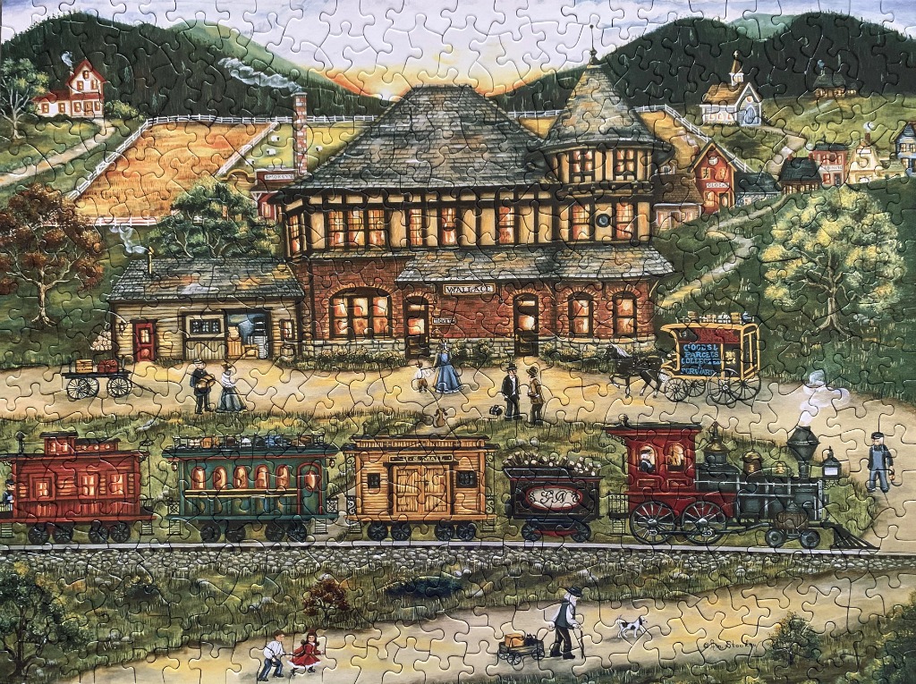 A folk art illustration of a vintage train station in a rural valley setting at sunset.