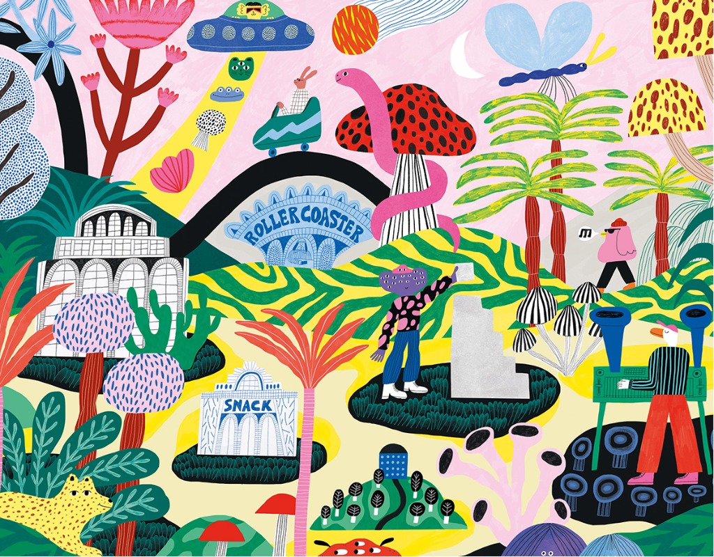 Whimsical, colorful illustration of a surreal landscape featuring an alien spaceship, a rollercoaster, and strange creatures.
