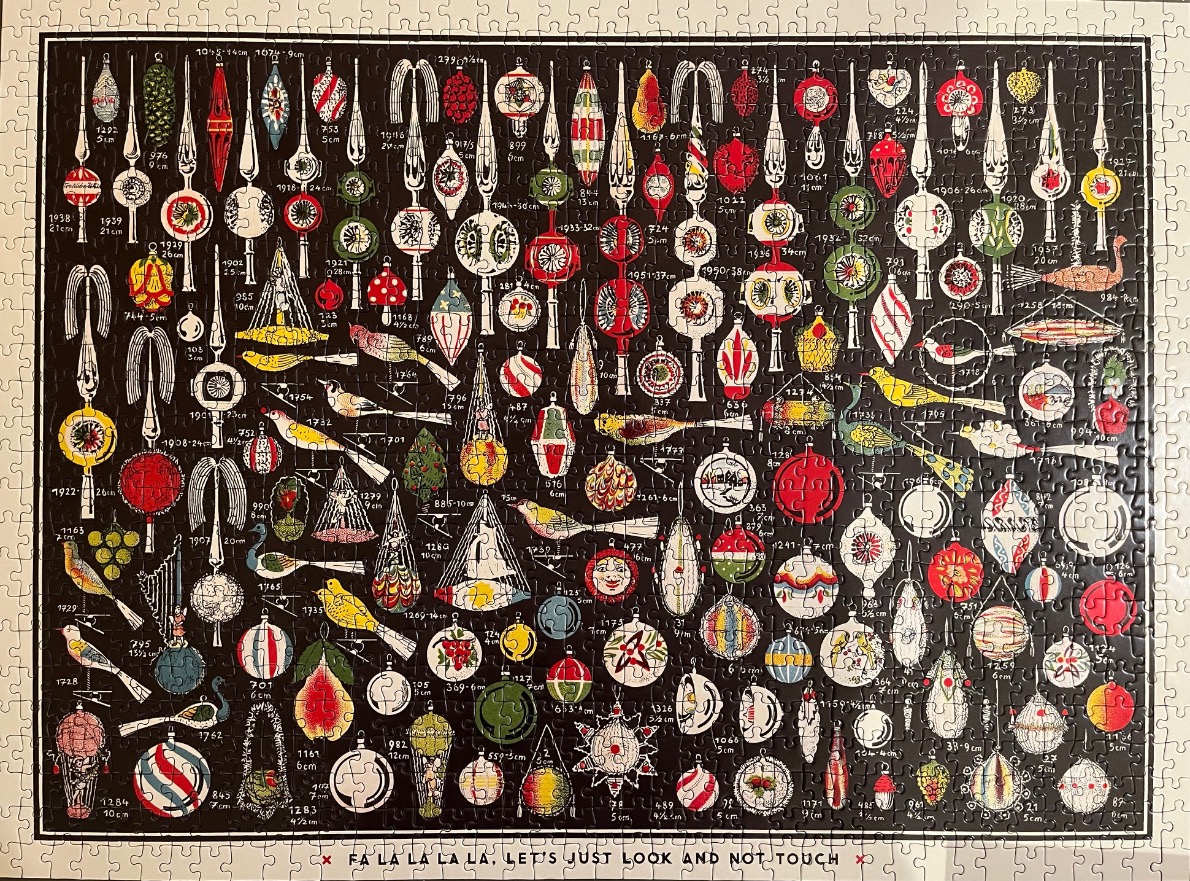 A collection of vintage Christmas tree ornaments arranged against a black background with catalog labels.