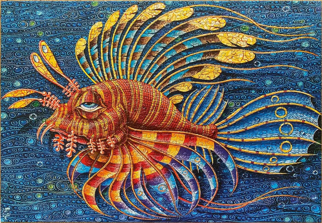 A vibrant, stylized illustration of a lionfish swimming through a detailed, swirling deep-blue ocean background.
