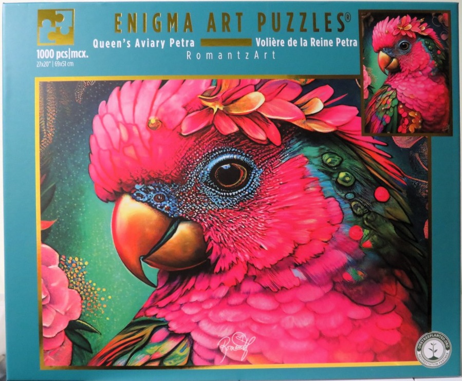 A close-up illustration of a vibrant pink parrot surrounded by lush green foliage and flowers.