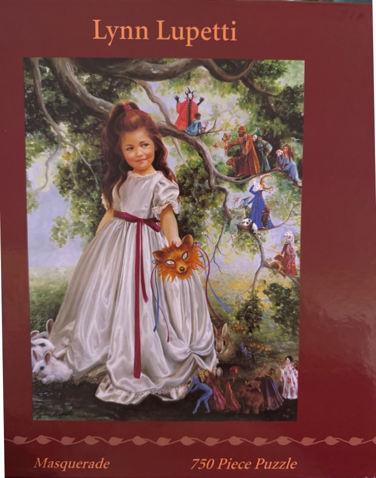 A young girl in a long white dress holding a fox mask stands under a tree filled with whimsical costumed characters.