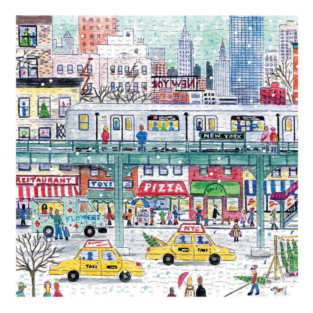 An illustrated, snowy New York City street scene with an elevated train, yellow taxis, and festive storefronts.