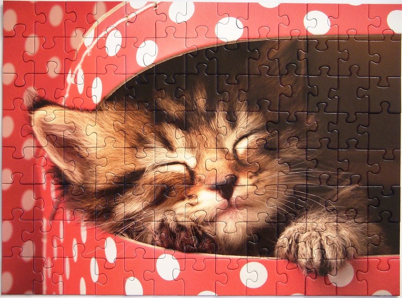 A fluffy tabby kitten sleeping inside a red box with white polka dots.