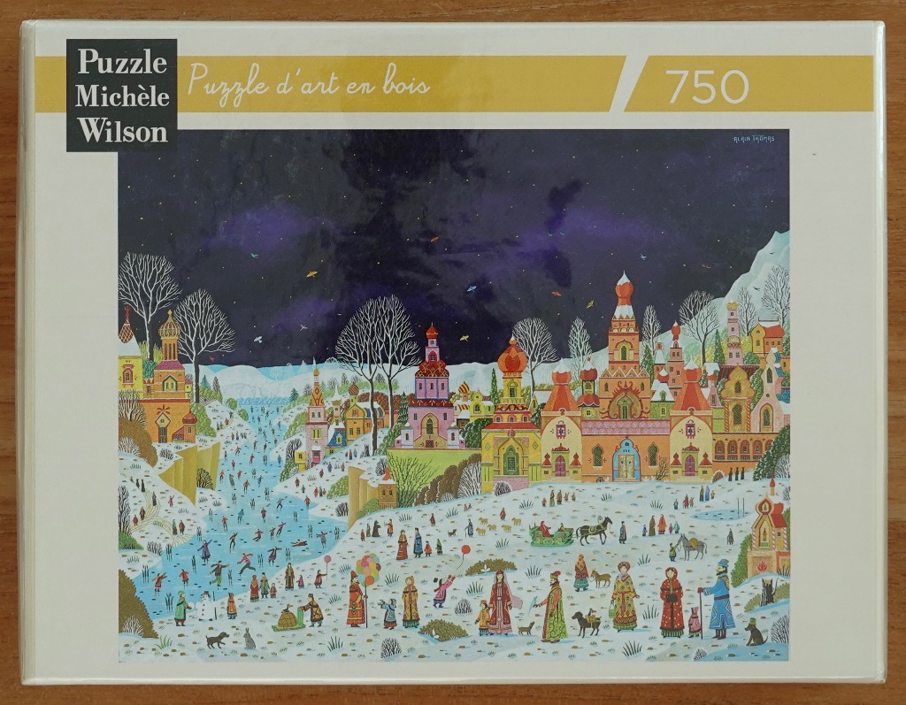 Illustration of a vibrant Russian-style winter village with people skating on a frozen river under a dark starry sky.