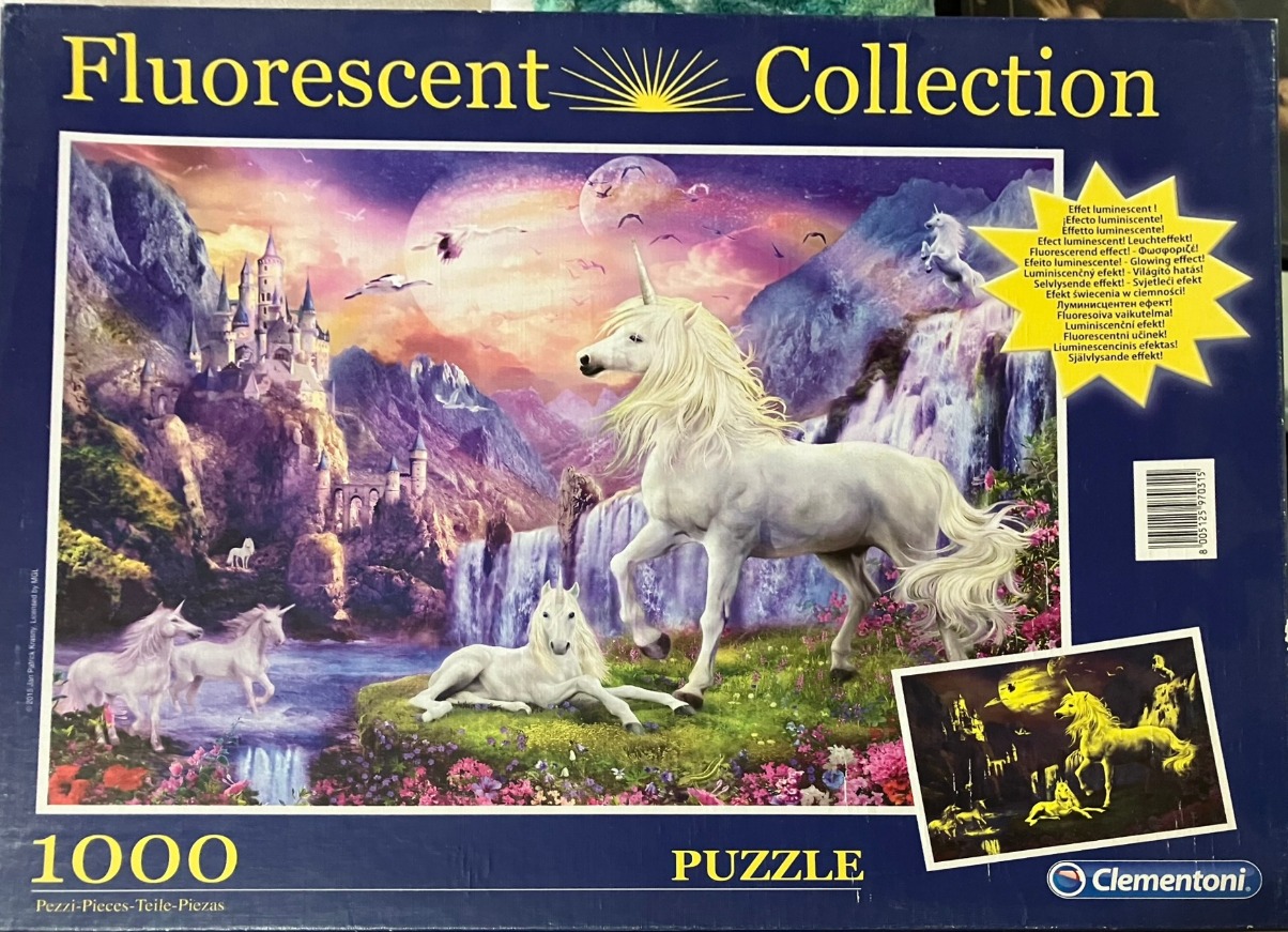 A fantasy illustration of white unicorns in a magical valley with a castle, waterfalls, and a large moon in the sky.