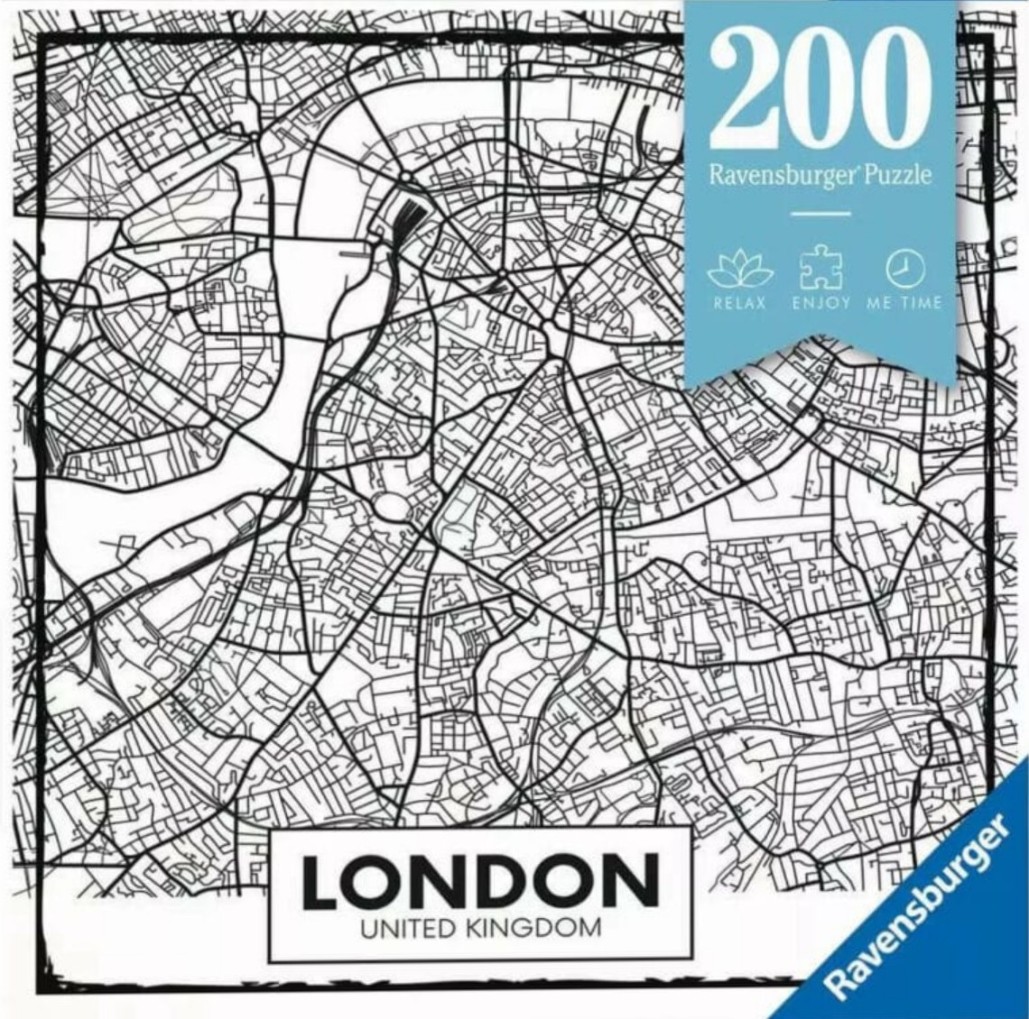 A minimalist black and white map of London, England, showing the winding River Thames and city streets.