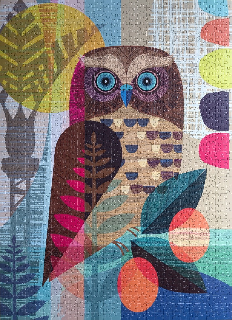 Stylized owl illustration with geometric patterns, vibrant colors, and layered abstract shapes.