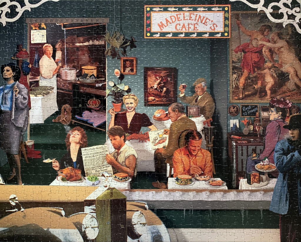Illustration of patrons and staff inside the eclectic Madeleine's Cafe.