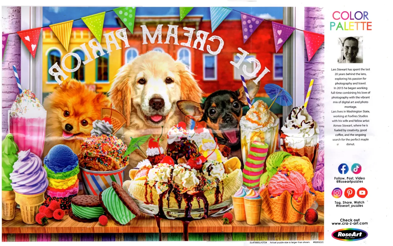 Three dogs posing behind an ice cream parlor counter filled with colorful sundaes, banana splits, and milkshakes.
