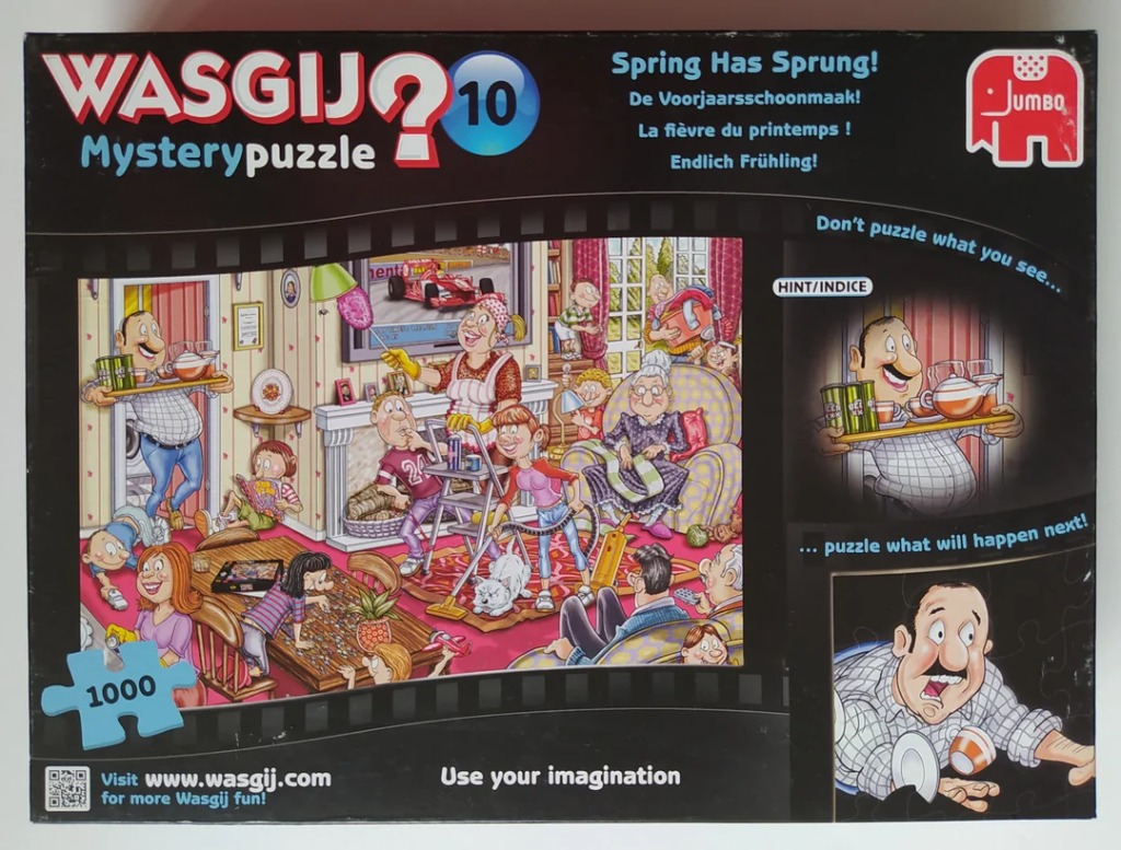 Cartoon illustration of a busy, chaotic spring cleaning scene in a living room with various family members.