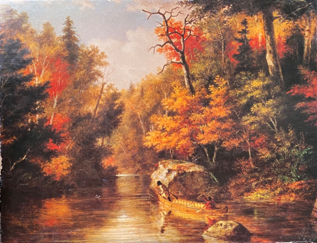 Oil painting of two people in a canoe paddling down an autumn river surrounded by vibrant, colorful trees.