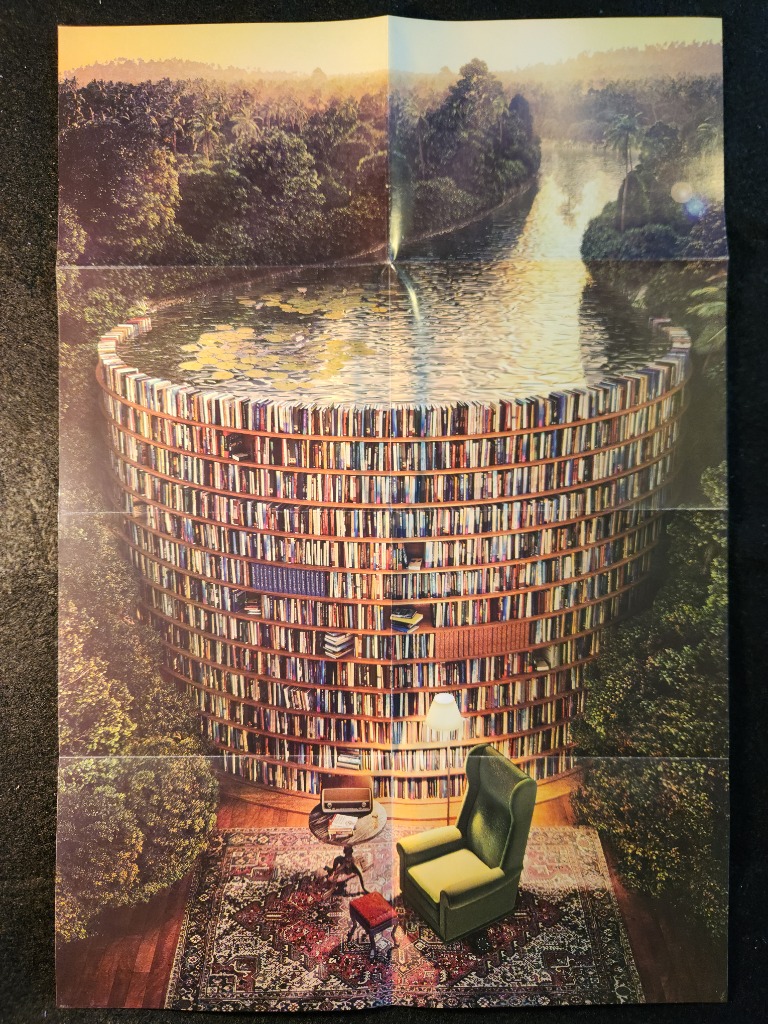 A surreal illustration featuring a circular library filled with books submerged in a river within a lush jungle.