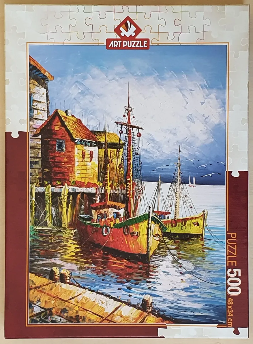 Impressionistic oil painting of two fishing boats docked at a wooden pier with a red cottage in the background.