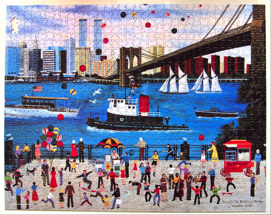 A folk-art style painting of a busy waterfront scene in New York City with the Brooklyn Bridge and skyline.