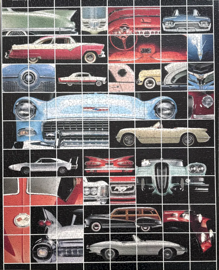 A grid-style collage featuring various classic vintage American cars against a black background.