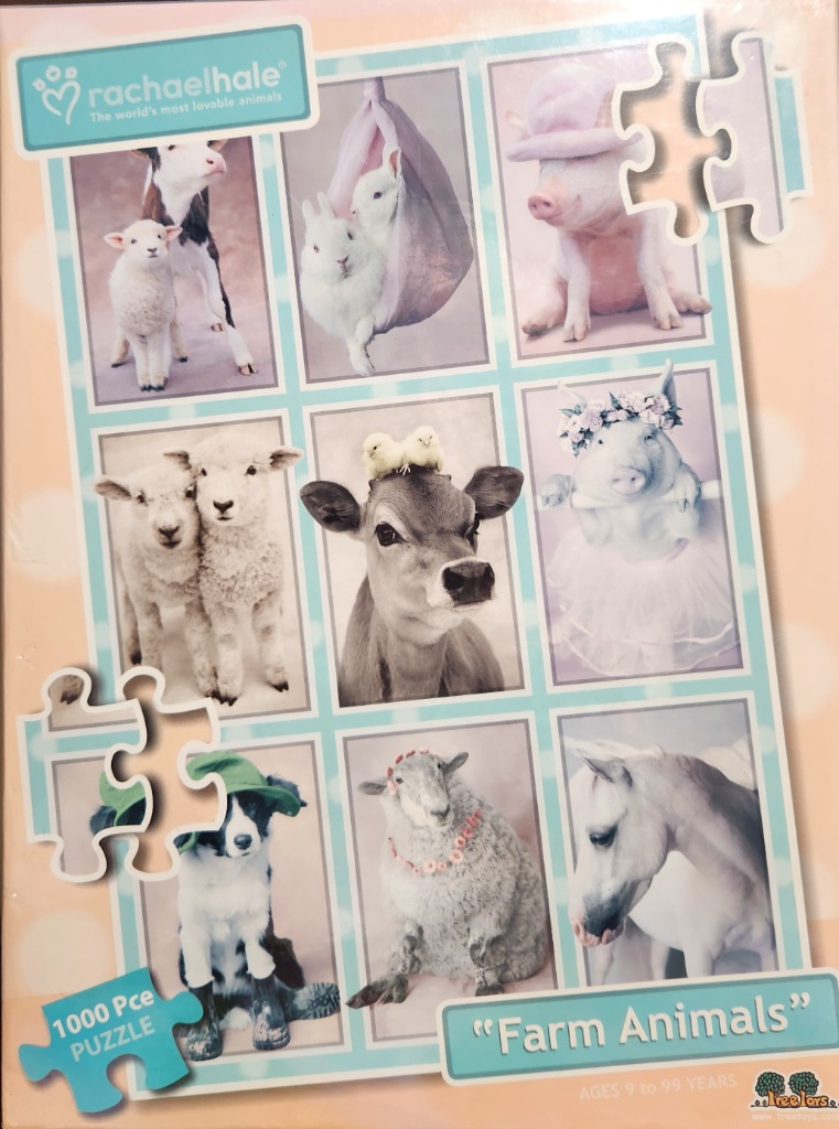 A collage of nine studio portraits of various farm animals against soft pastel backgrounds.