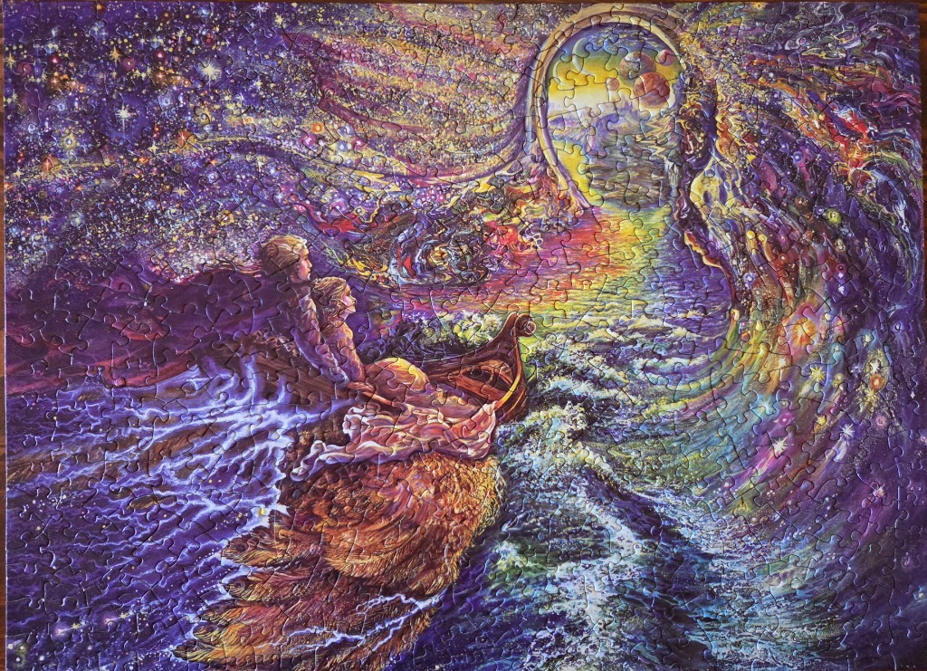 Two figures in a small boat floating toward a glowing portal in a fantastical, star-filled cosmic ocean.