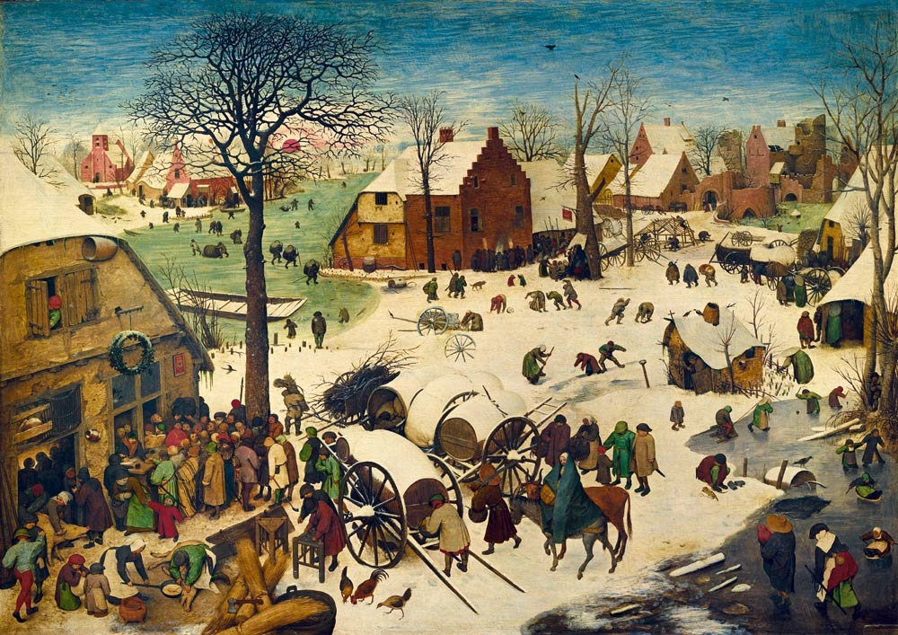 A detailed 16th-century painting of a busy winter village scene with figures skating and working in the snow.