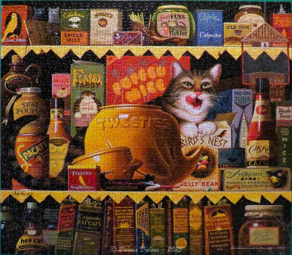 An illustration of shelves filled with humorous, cat-themed food products and a cat peering over a jar.