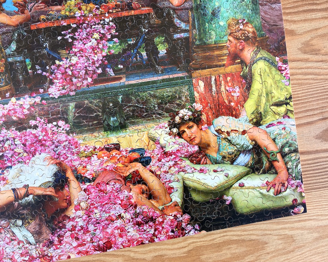 Classic painting of figures submerged in a deep layer of falling pink rose petals in a Roman-style interior.