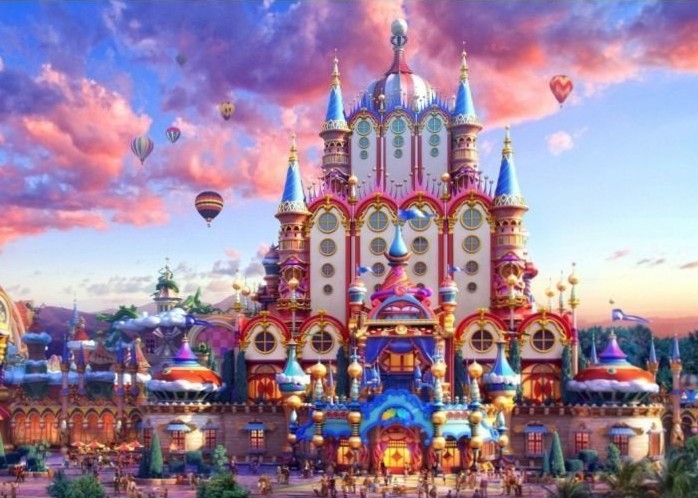 A whimsical, multi-storied castle with ornate blue and pink towers under a sunset sky filled with hot air balloons.