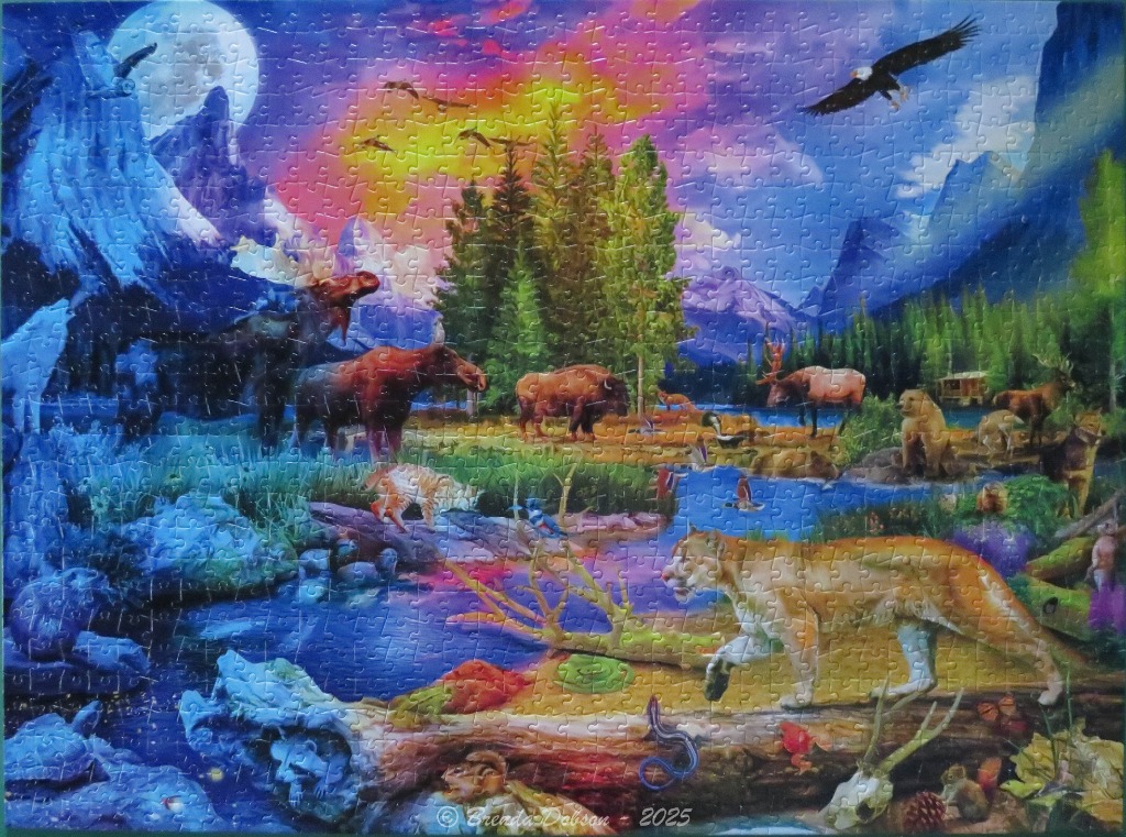 A vibrant fantasy wilderness landscape featuring diverse North American wildlife under a dramatic sunset and full moon.