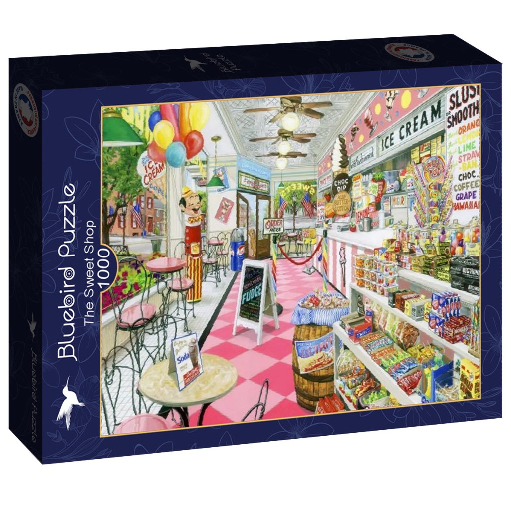 Illustration of the interior of a cheerful, retro-style sweet and ice cream shop with pink checkered floors.
