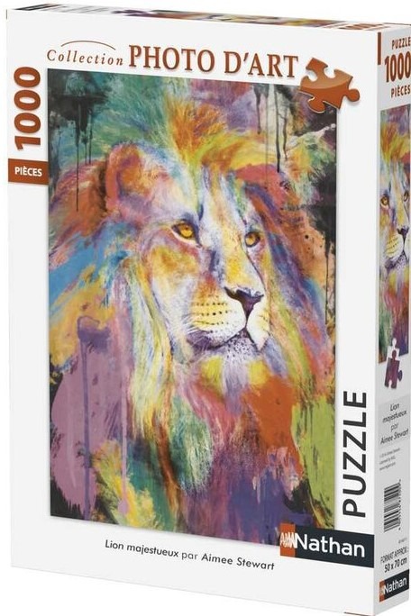 A vibrant, abstract, impressionistic painting of a lion